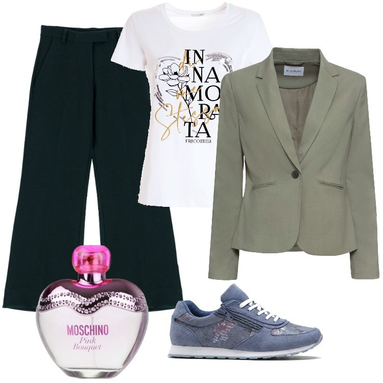 Outfit donna - Giornate Positive - Ottobre. Stile Casual chic per Tutti i giorni. Abbinamento con blazer, sneakers, profumi, t-shirt, pantaloni capri.