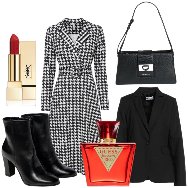 Outfit donna - Vestito must have. Stile Trendy per Serata fuori. Abbinamento con vestiti, borse a mano, blazer, profumi, rossetti, stivaletti.