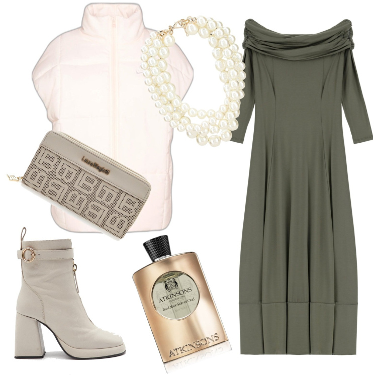 Outfit donna - In citta. Stile Casual chic per Tutti i giorni. Abbinamento con profumi, vestiti lunghi, collane, piumini, stivaletti, portafogli.