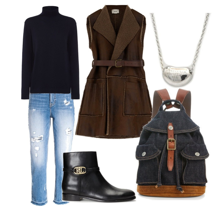 Outfit donna - WoW il freddo.... Stile Urban per Tutti i giorni. Abbinamento con collane, jeans strappati, zaini, stivaletti, blazer, maglieria.