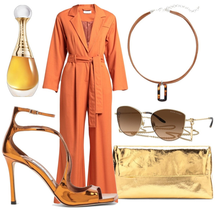 Outfit donna - Citrus. Stile Glamour per Cerimonia. Abbinamento con tute, profumi, ciondoli, occhiali da sole, pochette, sandali.