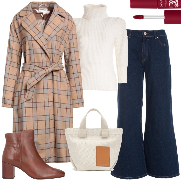 Outfit donna - Trench e pantaloni a zampa. Stile Trendy per Ufficio. Abbinamento con stivaletti, cappotti, rossetti, maglieria, jeans, borse a mano.