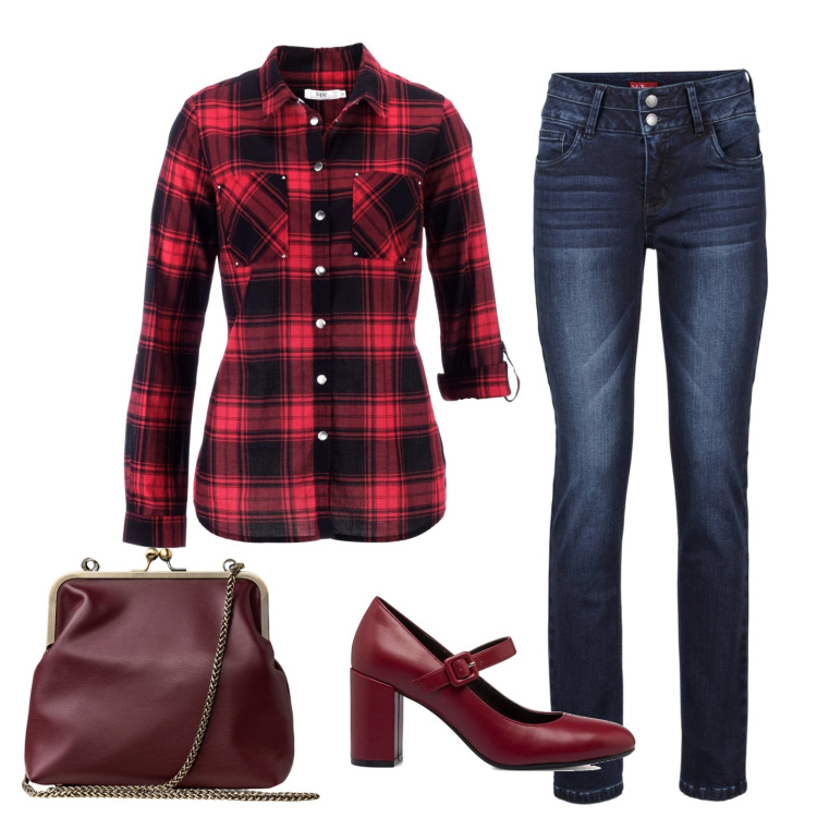 Outfit donna - Simply red. Stile Casual per Ufficio. Abbinamento con camicie, jeans, décolleté, clutch.