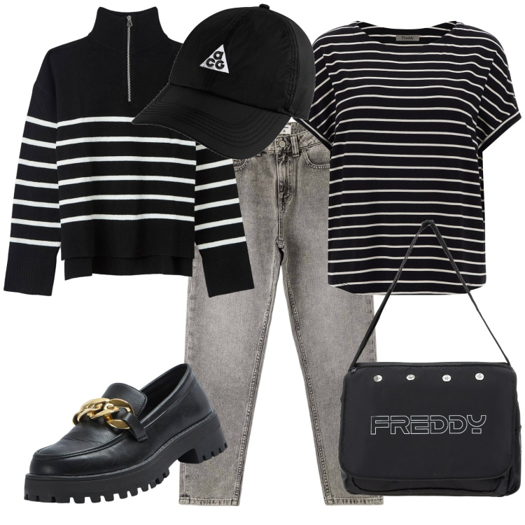 Outfit donna - Sportivo. Stile Casual per Tutti i giorni. Abbinamento con mocassini, maglieria, jeans mom, borse messenger, t-shirt, cappelli.