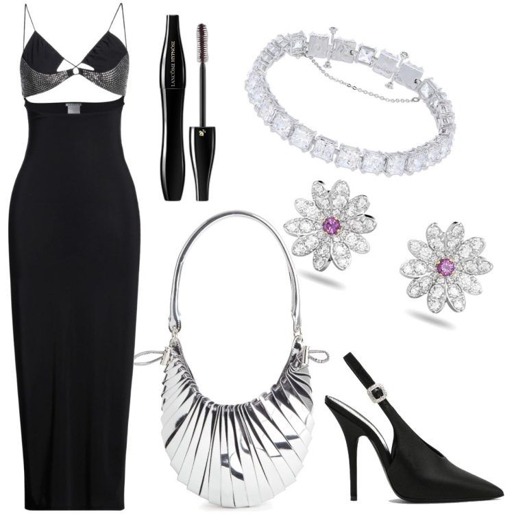 Outfit donna - Un vestito da sogno. Stile Sexy per Serata fuori. Abbinamento con vestiti lunghi, mascara, braccialetti, orecchini, borse a mano, décolleté.