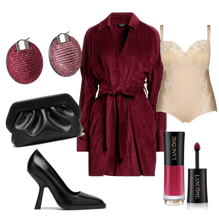 Outfit donna - Bellissima. Stile Chic per Serata fuori. Abbinamento con vestiti corti, rossetti, body, orecchini, clutch, scarpe col tacco.