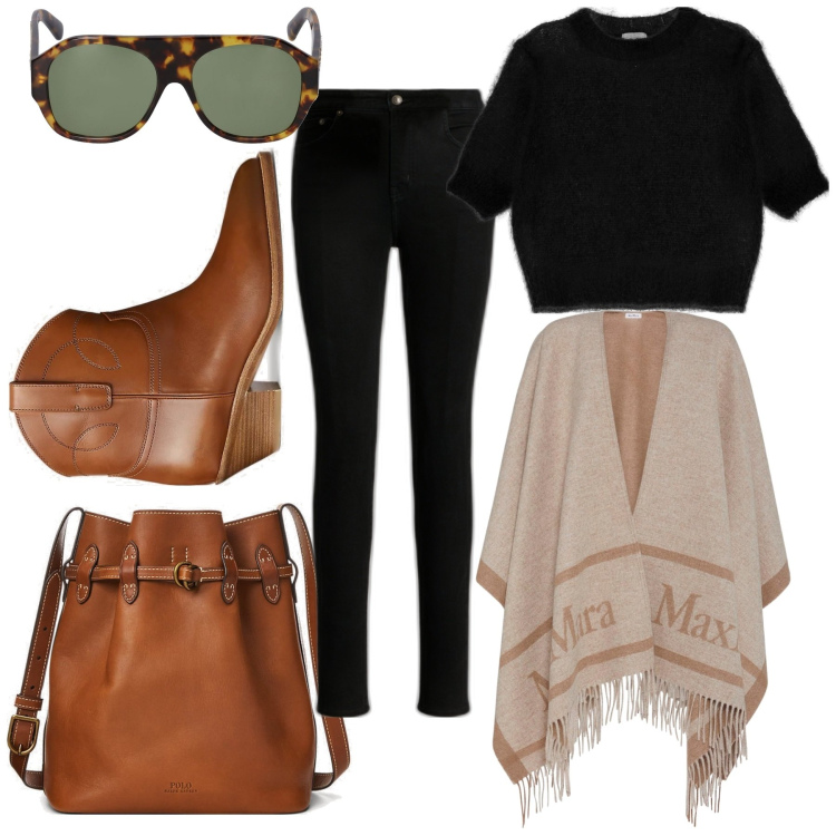 Outfit donna - Sole d\'ottobre. Stile Casual per Tutti i giorni. Abbinamento con pullovers, jeans skinny, borse a secchiello, stivaletti, cappotti, occhiali da sole.