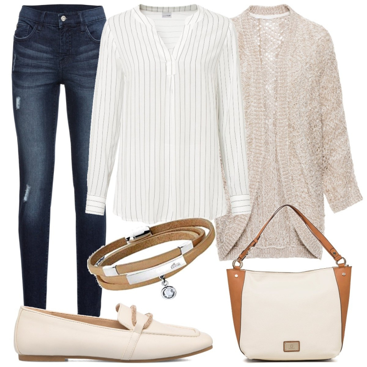 Outfit donna - Neutro e jeans. Stile Casual chic per Tutti i giorni. Abbinamento con jeans strappati, cardigans, tuniche, mocassini, borse a spalla, braccialetti.