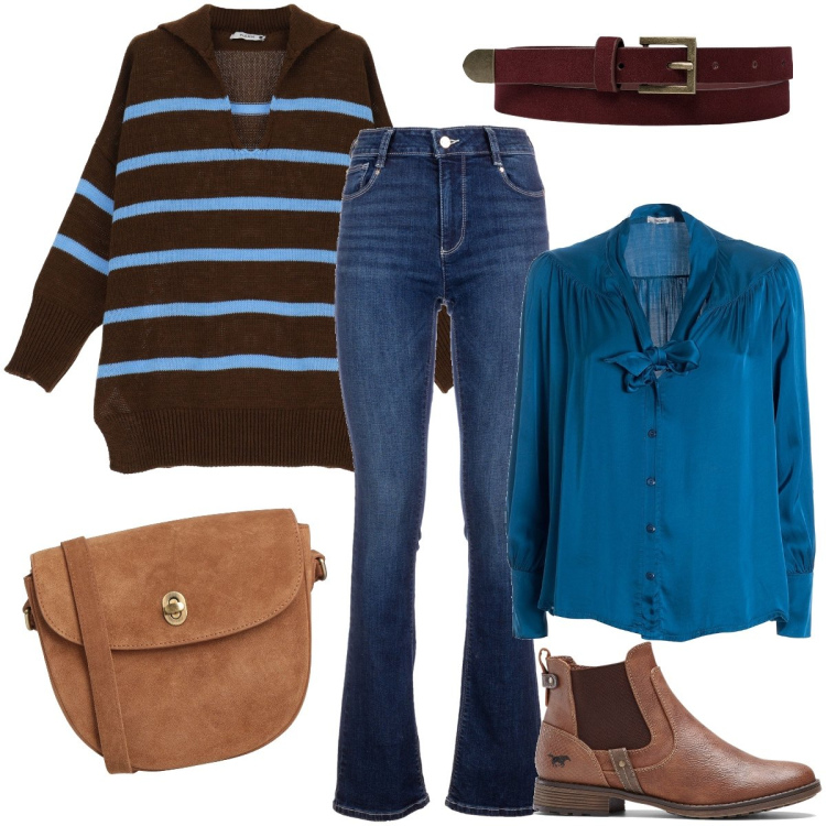 Outfit donna - Camicia e maglione. Stile Casual chic per Ufficio. Abbinamento con stivaletti chelsea, borse a tracolla, maglieria, bluse, jeans bootcut, cinture.