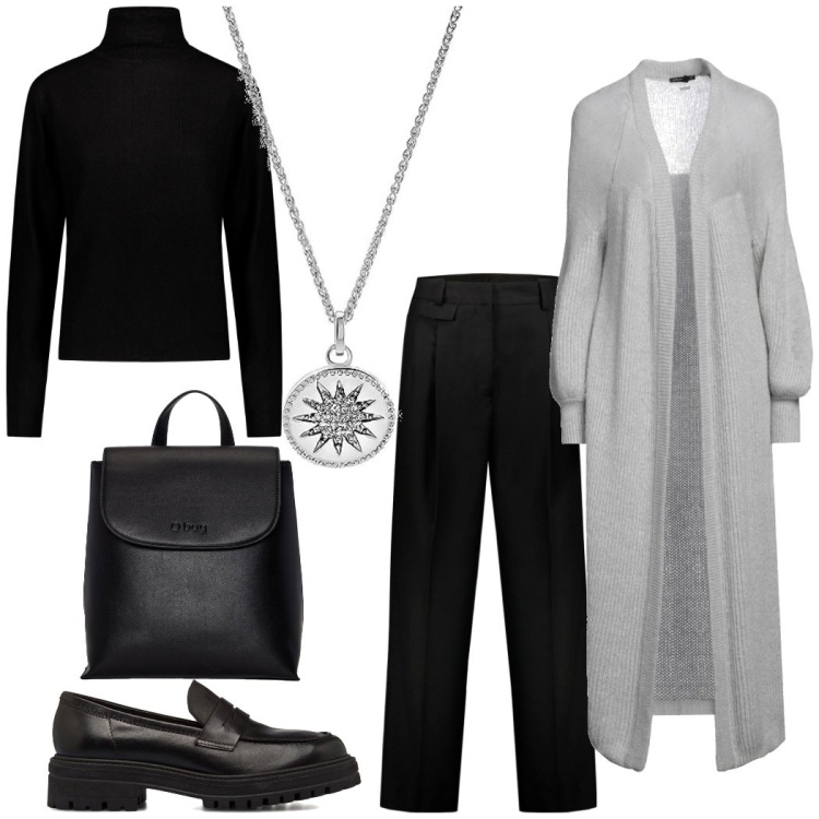Outfit donna - Cardigan lungo. Stile Casual chic per Tutti i giorni. Abbinamento con cardigans, mocassini, pantaloni, zaini, maglieria, ciondoli.