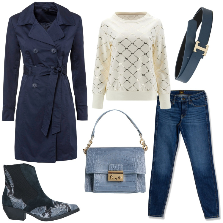 Outfit donna - Primi freddi. Stile Bon Ton per Tutti i giorni. Abbinamento con trench, stivaletti, borse a mano, cinture, felpe, jeans skinny.