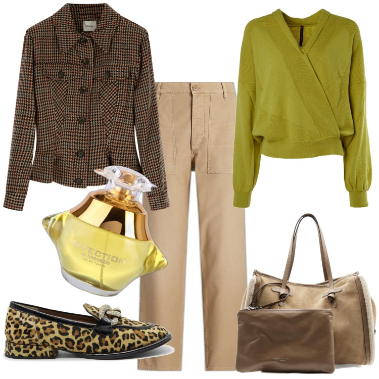 Outfit donna - A cena. Stile Casual per Serata fuori. Abbinamento con profumi, pantaloni, blazer, maglieria, pochette, mocassini.