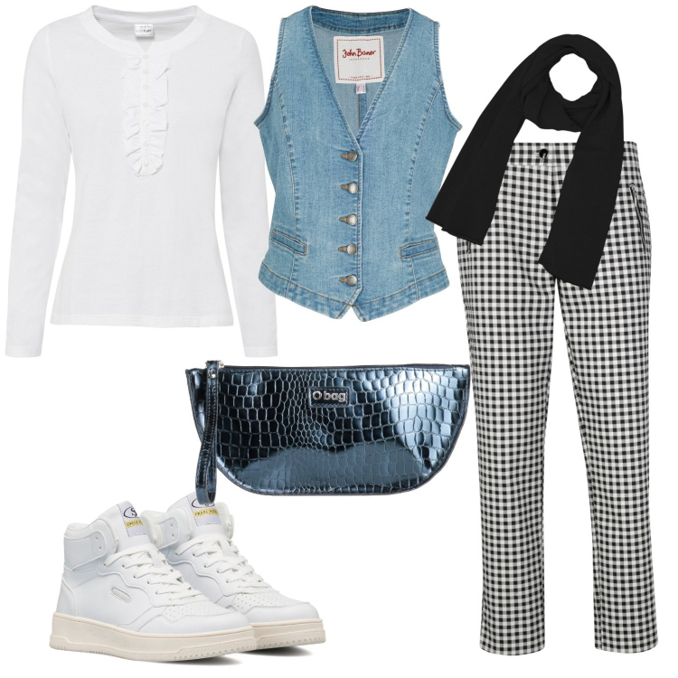 Outfit donna - Total look #1744797. Stile Casual per Tutti i giorni. Abbinamento con gilet, pantaloni, maglieria, borse a mano, sciarpe, sneakers alte.