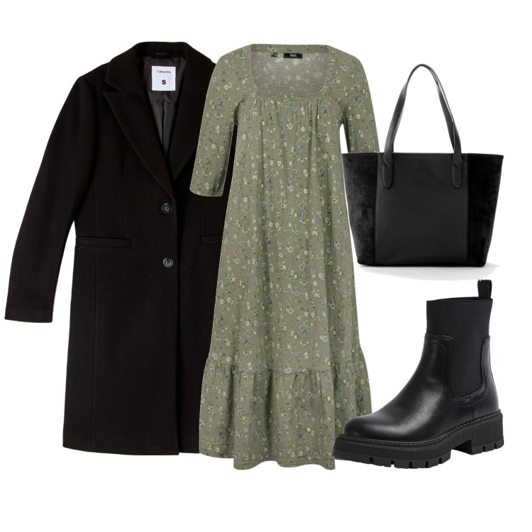 Outfit donna - Autunno comodo. Stile Basic per Ufficio. Abbinamento con shopping bag, vestiti midi/longuette, cappotti, stivali sopra il ginocchio.