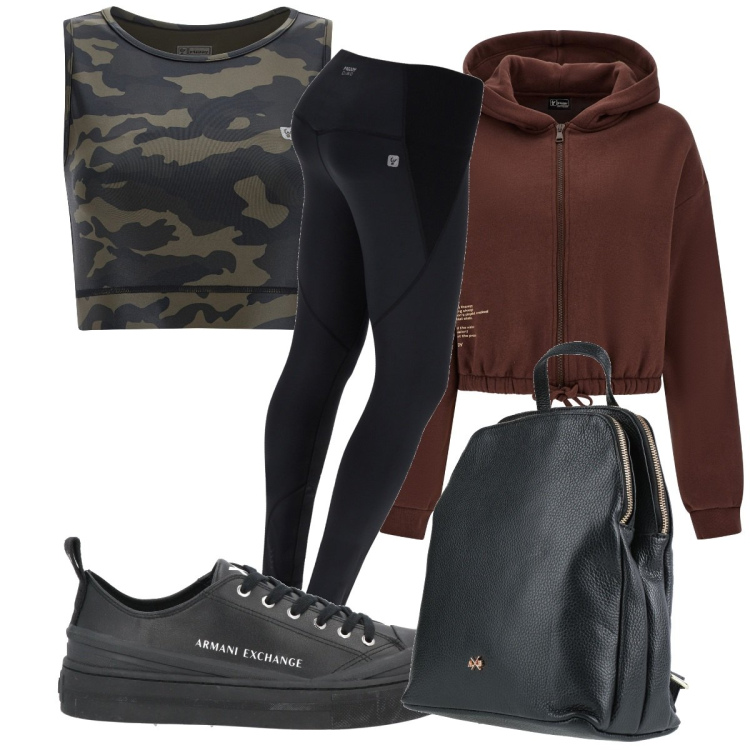 Outfit donna - I leggings superfit. Stile Sporty chic per Sport. Abbinamento con zaini, sneakers, leggings sportivo, felpe con cappuccio, top sportivi.