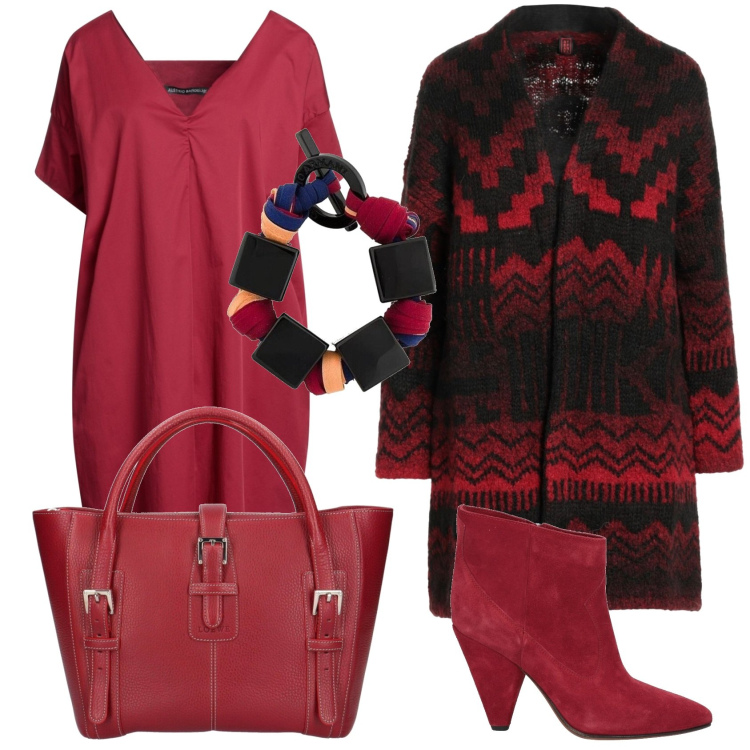 Outfit donna - Total look #1744843 rosso e nero. Stile Etnico per Tutti i giorni. Abbinamento con braccialetti, vestiti midi/longuette, stivaletti, borse a mano, cardigans.