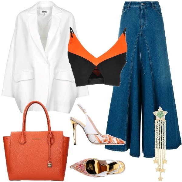 Outfit donna - Impeccabile. Stile Trendy per Serata fuori. Abbinamento con décolleté slingback con strass fantasia floreale con tacco spillo e fibbia a punta, giacca collo con revers a maniche lunghe interno semi-foderato in raso tinta unita, top fantasia effetto acetato scollatura profonda con zip jersey, orecchini con strass e farfallina oro e argento, borsa a mano con tracolla regolabile, jeans a zampa vita alta in denim blu.