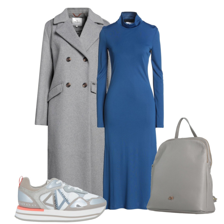 Outfit donna - Grigio e blu. Stile Trendy per Tutti i giorni. Abbinamento con vestiti midi/longuette, sneakers, cappotti, zaini.