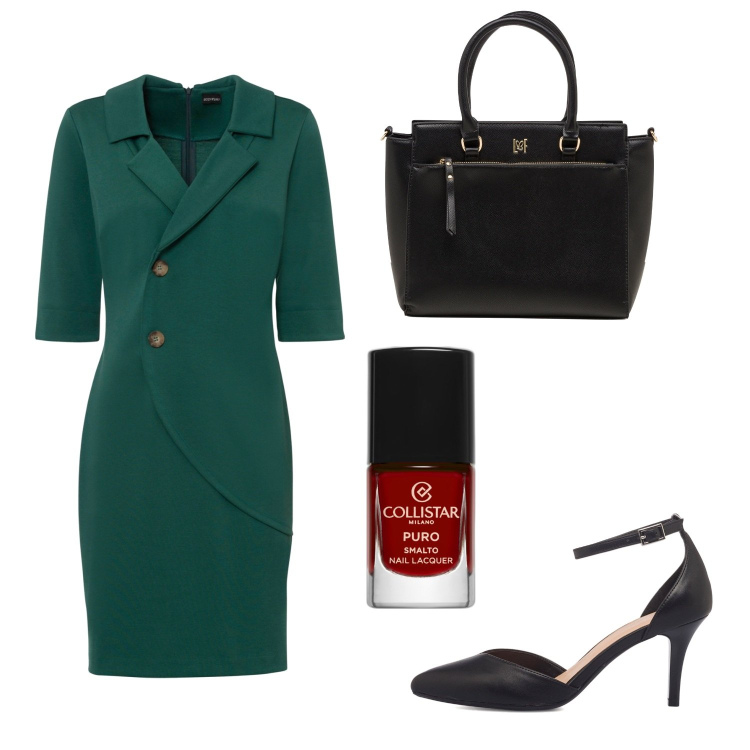 Outfit donna - Joan - vegan ok. Stile Glamour per Ufficio. Abbinamento con vestiti, smalti, décolleté, borse a mano.
