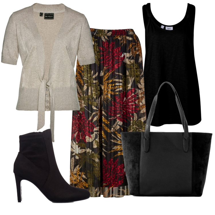 Outfit donna - La shopping bag. Stile Casual per Tutti i giorni. Abbinamento con shopping bag, top, cardigans, gonne lunghe, stivaletti.