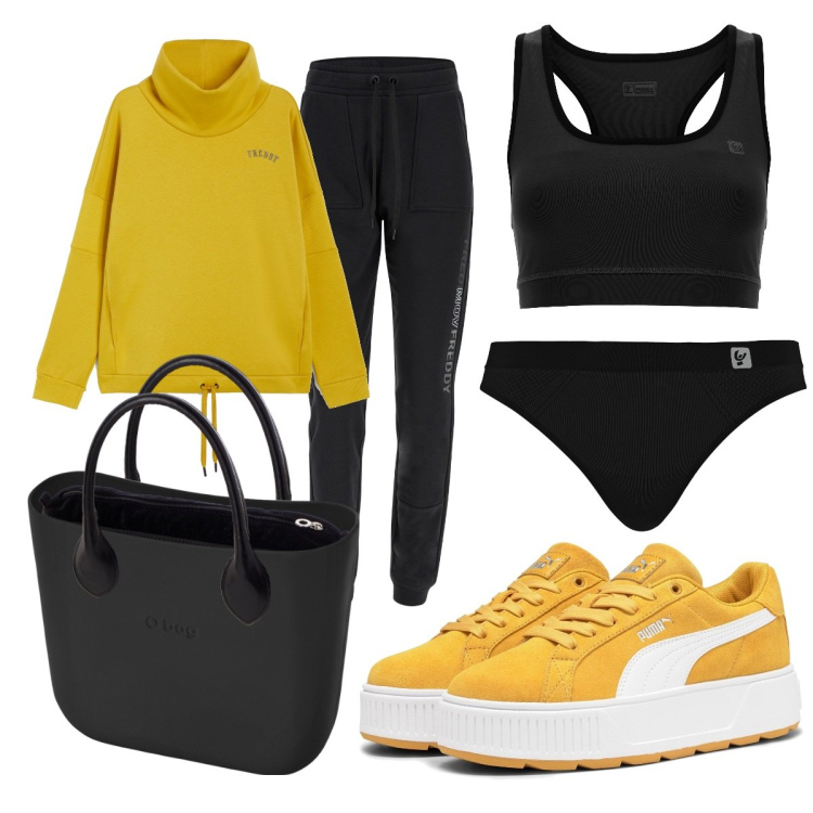 Outfit donna - Sportiva con stile. Stile Sporty chic per Tutti i giorni. Abbinamento con perizomi, felpe, pantaloni cargo, reggiseni, sneakers, borse a spalla.