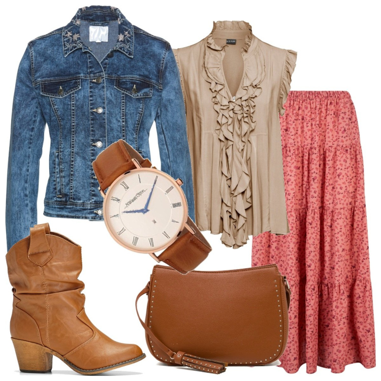 Outfit donna - Pomeriggio d\'ottobre. Stile Casual per Tutti i giorni. Abbinamento con stivaletti texani, maglieria, gonne lunghe, blazer, borse a tracolla, orologi analogici.