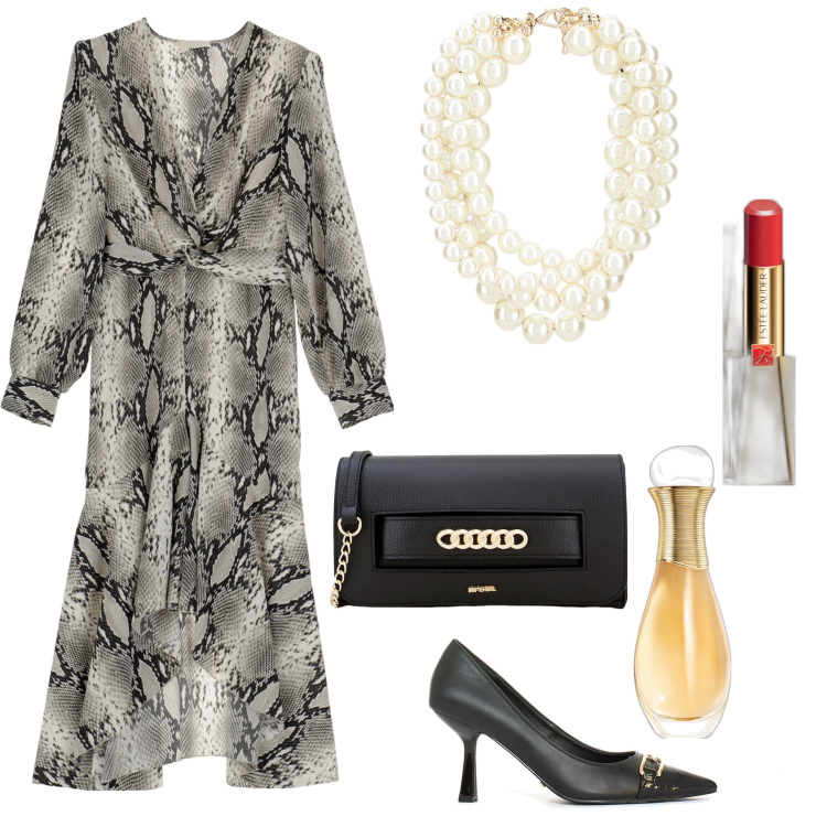 Outfit donna - Casual chic. Stile Casual chic per Serata fuori. Abbinamento con profumi, rossetti, décolleté, pochette, collane, vestiti asimmetrici.