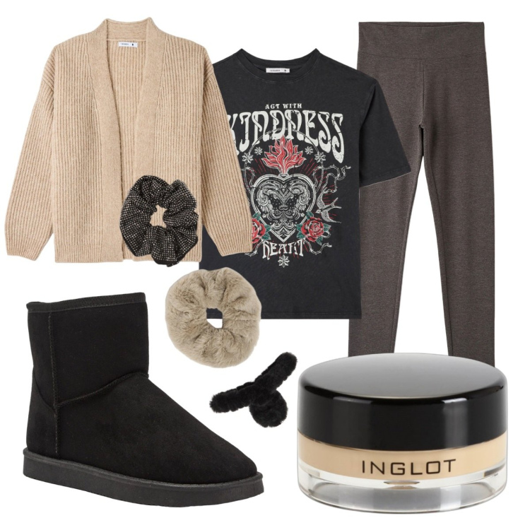 Outfit donna - Pizza e film?. Stile Basic per Tutti i giorni. Abbinamento con correttori, leggings, t-shirt, cardigans, stivali, accessori per capelli.