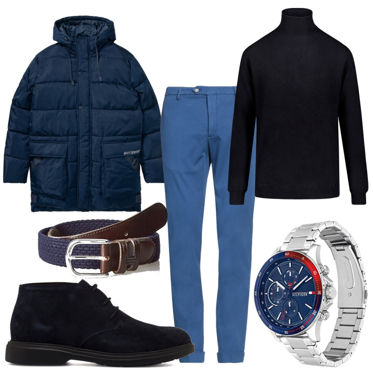 Outfit uomo - Giornata in blu. Stile Trendy per Tutti i giorni. Abbinamento con pantaloni, parka, stivali e stivaletti, maglieria, cinture, orologi analogici.