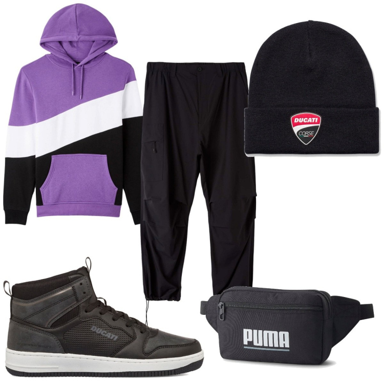 Outfit uomo - Halloween urban. Stile Urban per Tutti i giorni. Abbinamento con pantaloni cargo, felpe con cappuccio, sneakers alte, borse sportive, berretti.