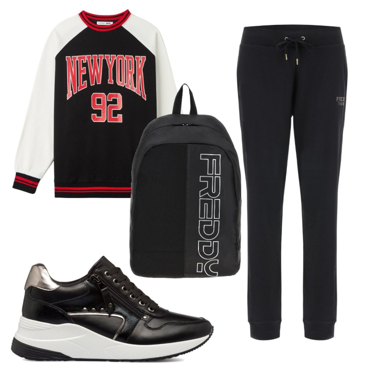 Outfit donna - Total look #1745110. Stile Basic per Sport. Abbinamento con felpe, zaini, pantaloni sportivi, sneakers.