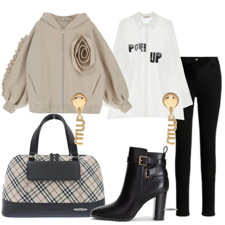 Outfit donna - Una borsa da sogno Curvy Style. Stile Trendy per Tutti i giorni. Abbinamento con borse a mano, camicie, felpe con cappuccio, jeans skinny, stivaletti, orecchini.