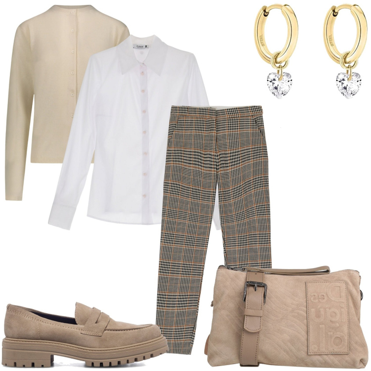 Outfit donna - Pantalone a quadri per la mattina. Stile Casual chic per Tutti i giorni. Abbinamento con borse a tracolla, pantaloni capri, camicie, mocassini, cardigans, orecchini.