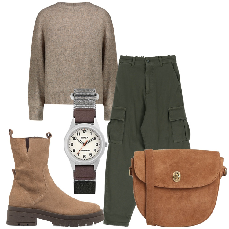 Outfit donna - Total look #1745242. Stile Casual per Ufficio. Abbinamento con borse a tracolla, pantaloni, stivaletti, maglieria, orologi.