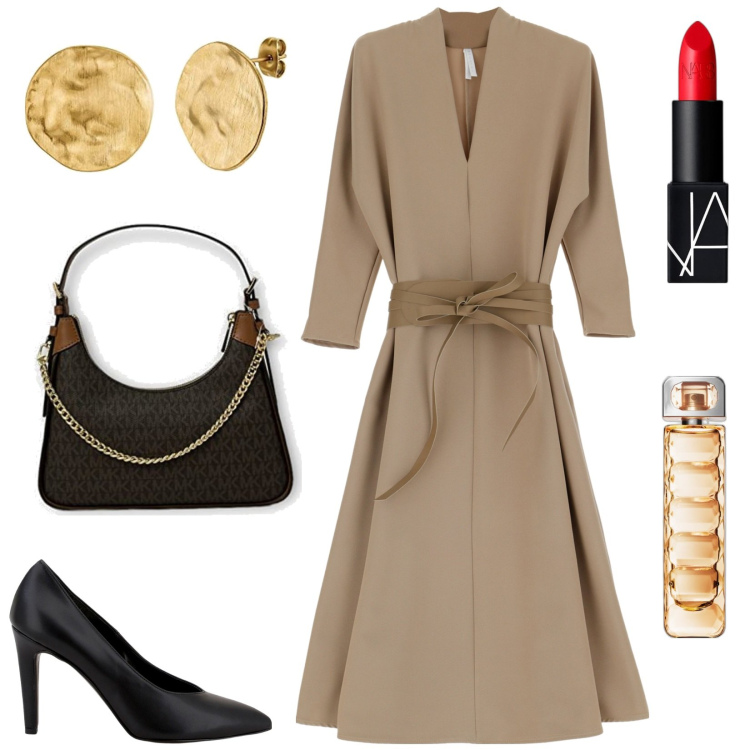 Outfit donna - Look autunnale. Stile Chic per Ufficio. Abbinamento con profumi, rossetti, vestiti midi/longuette, décolleté, clutch, orecchini.