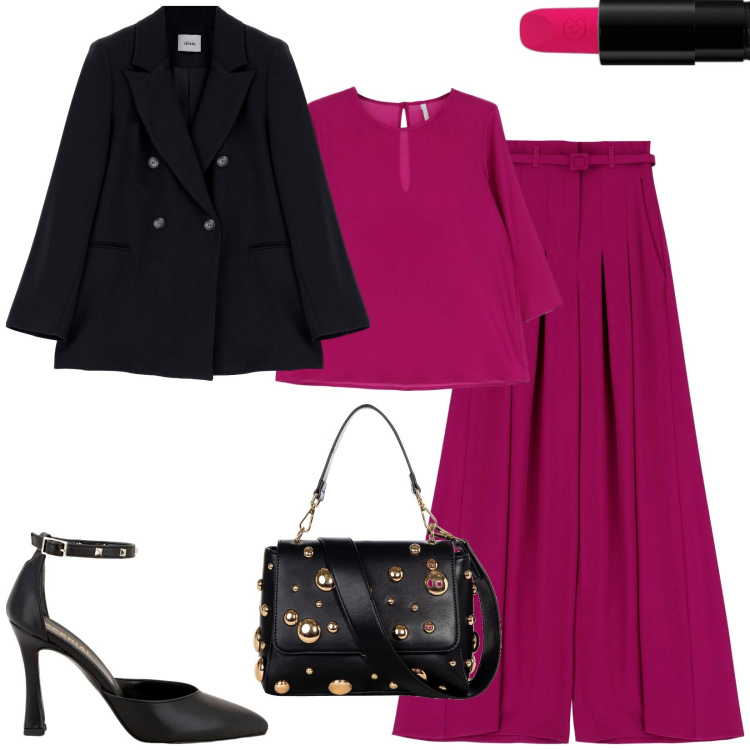 Outfit donna - Completo fucsia. Stile Chic per Serata fuori. Abbinamento con rossetti, borse a spalla, pantaloni a palazzo, camicie, décolleté, giacche.