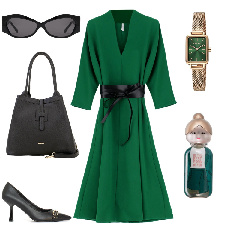 Outfit donna - Look verde. Stile Chic per Tutti i giorni. Abbinamento con profumi, décolleté, vestiti midi/longuette, borse a secchiello, occhiali da sole, orologi.