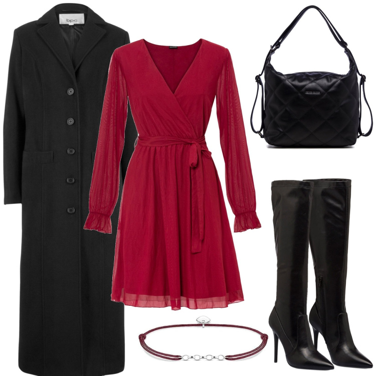 Outfit donna - Look rosso e nero. Stile Sexy per Serata fuori. Abbinamento con cappotti, vestiti, stivali sopra il ginocchio, zaini, braccialetti.