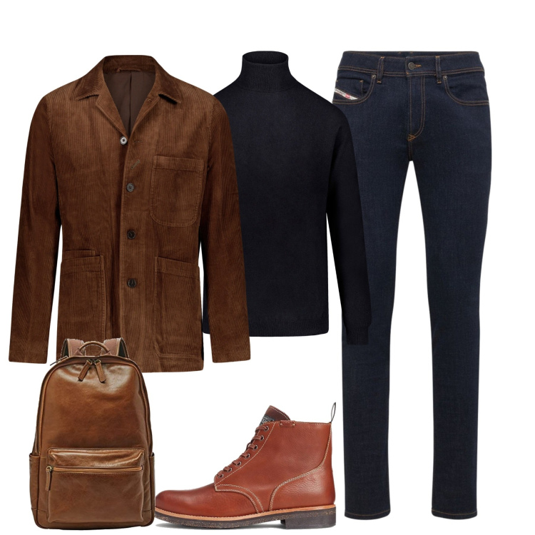 Outfit uomo - Work. Stile Urban per Tutti i giorni. Abbinamento con stivali, maglieria, jeans skinny, borse sportive, giacche.