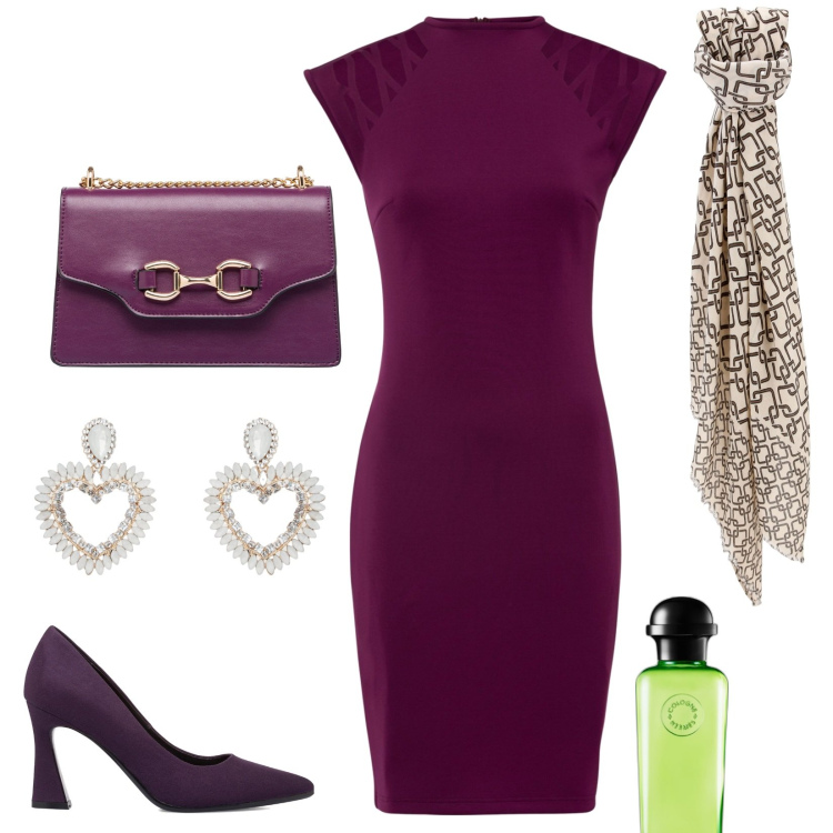 Outfit donna - Look viola. Stile Sexy per Serata fuori. Abbinamento con vestiti, profumi, foulard, orecchini, décolleté, borse a tracolla.