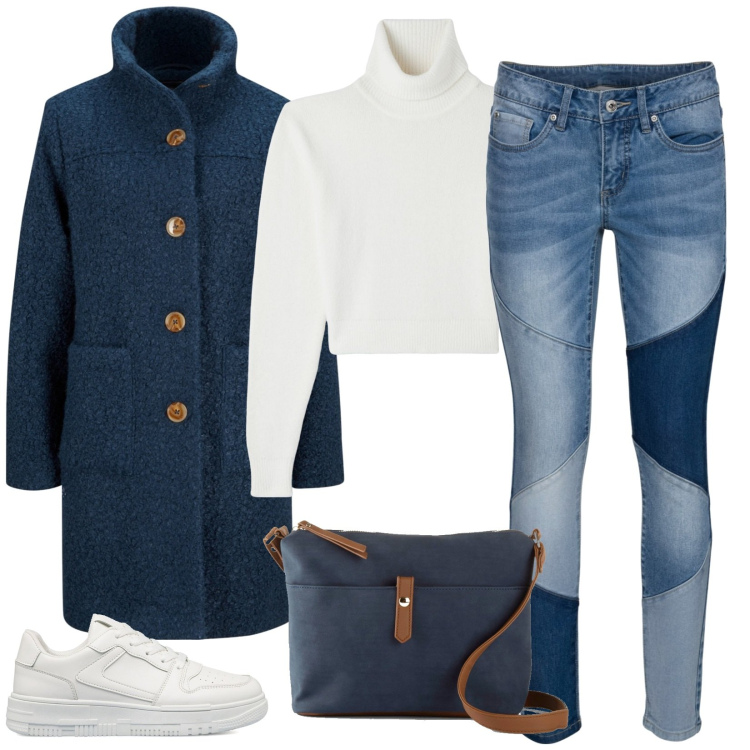 Outfit donna - Look bianco e blu. Stile Casual per Tutti i giorni. Abbinamento con cappotti, jeans skinny, borse a tracolla, maglieria, sneakers.