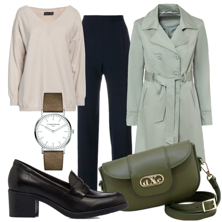 Outfit donna - Borsetta Dixie. Stile Casual chic per Ufficio. Abbinamento con trench, pullovers, pantaloni, pochette, mocassini, orologi.