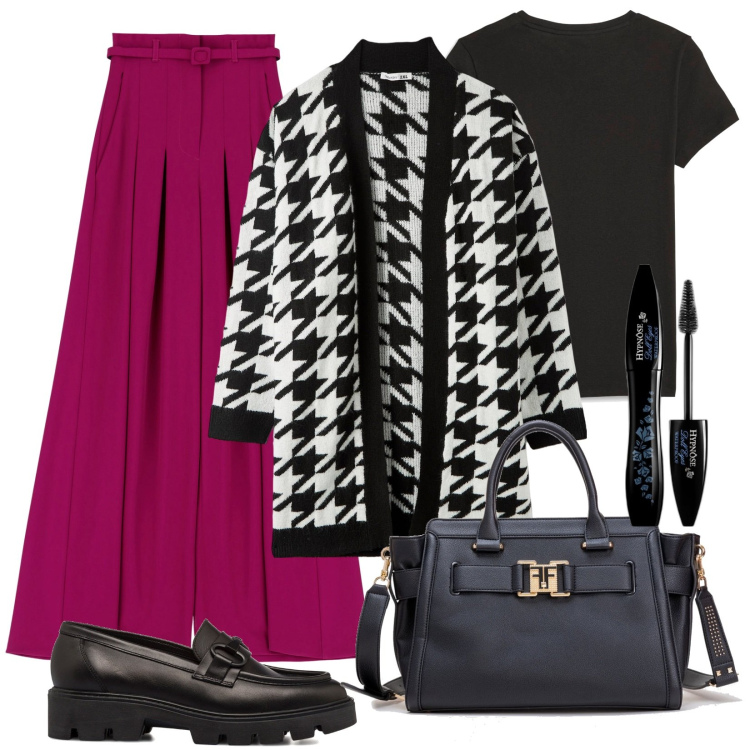 Outfit donna - comoda così. Stile Casual per Tutti i giorni. Abbinamento con mascara, cardigans, borse tote, pantaloni a palazzo, t-shirt, mocassini.