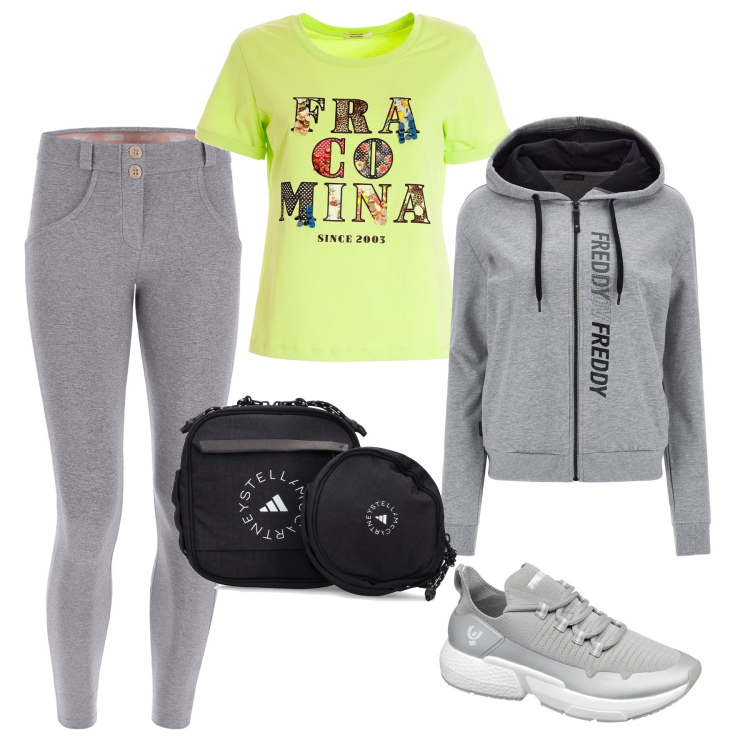 Outfit donna - Una bella passeggiata. Stile Sporty chic per Tutti i giorni. Abbinamento con t-shirt, pantaloni skinny, sneakers, felpe con cappuccio, marsupi.