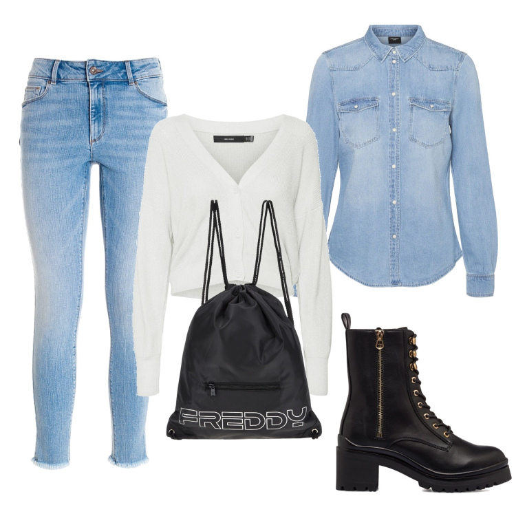 Outfit donna - Il fascino del jeans. Stile Basic per Tutti i giorni. Abbinamento con jeans skinny, zaini, cardigans, camicie, anfibi.