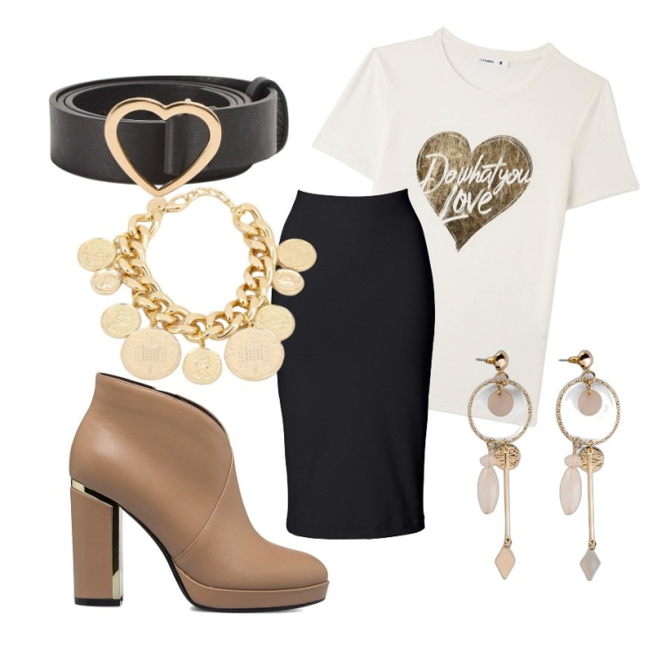 Outfit donna - Lounguette n&o. Stile Glamour per Ufficio. Abbinamento con gonne longuette, orecchini, t-shirt, cinture, braccialetti, stivaletti.