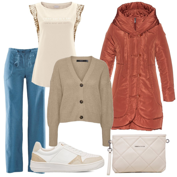 Outfit donna - Il giaccone mattone. Stile Casual per Tutti i giorni. Abbinamento con pantaloni a palazzo, cappotti, t-shirt, cardigans, sneakers, borse a tracolla.