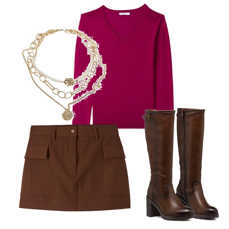 Outfit donna - Martedì in ufficio. Stile Casual per Ufficio. Abbinamento con gonne, maglieria, stivali sopra il ginocchio, ciondoli.