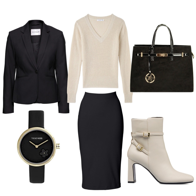 Outfit donna - Total look #1745397. per Ufficio. Abbinamento con gonne longuette, blazer, maglieria, borse a mano, stivaletti, orologi.