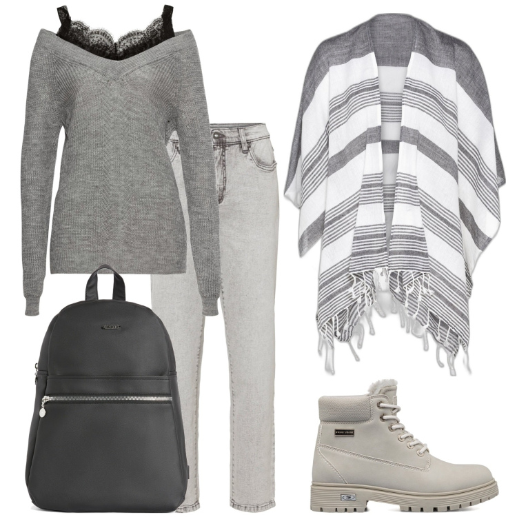 Outfit donna - Giorni grigi. Stile Casual per Ufficio. Abbinamento con cappotti, jeans mom, maglieria, zaini, stivaletti.